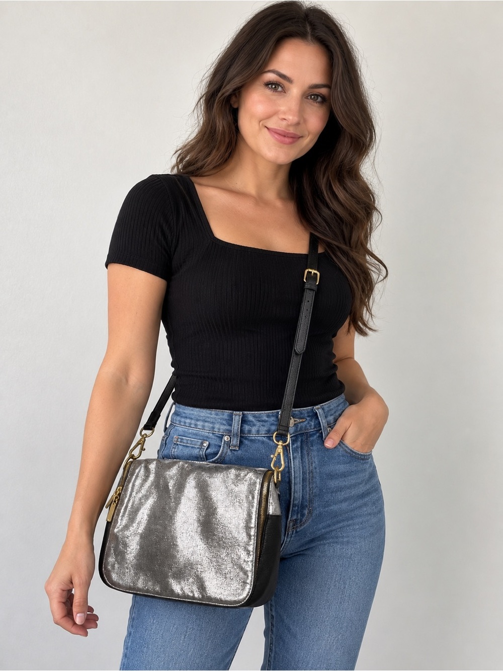 G.I.L.I. by HALO Metallic Silver Black Leather Crossbody Bag Gold Hardware